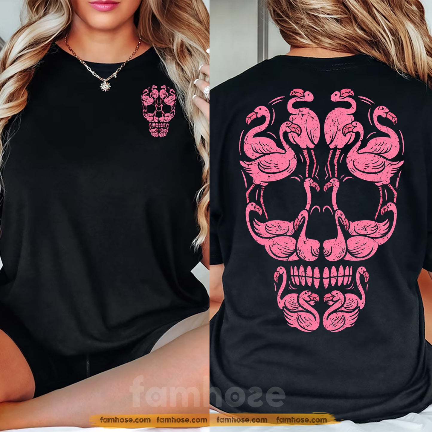 Pink Flamingo Breast Cancer Awareness Two-sided T-shirt, Flamingo Skull Pink Ribbon Tees Gift For Flamingo Lover