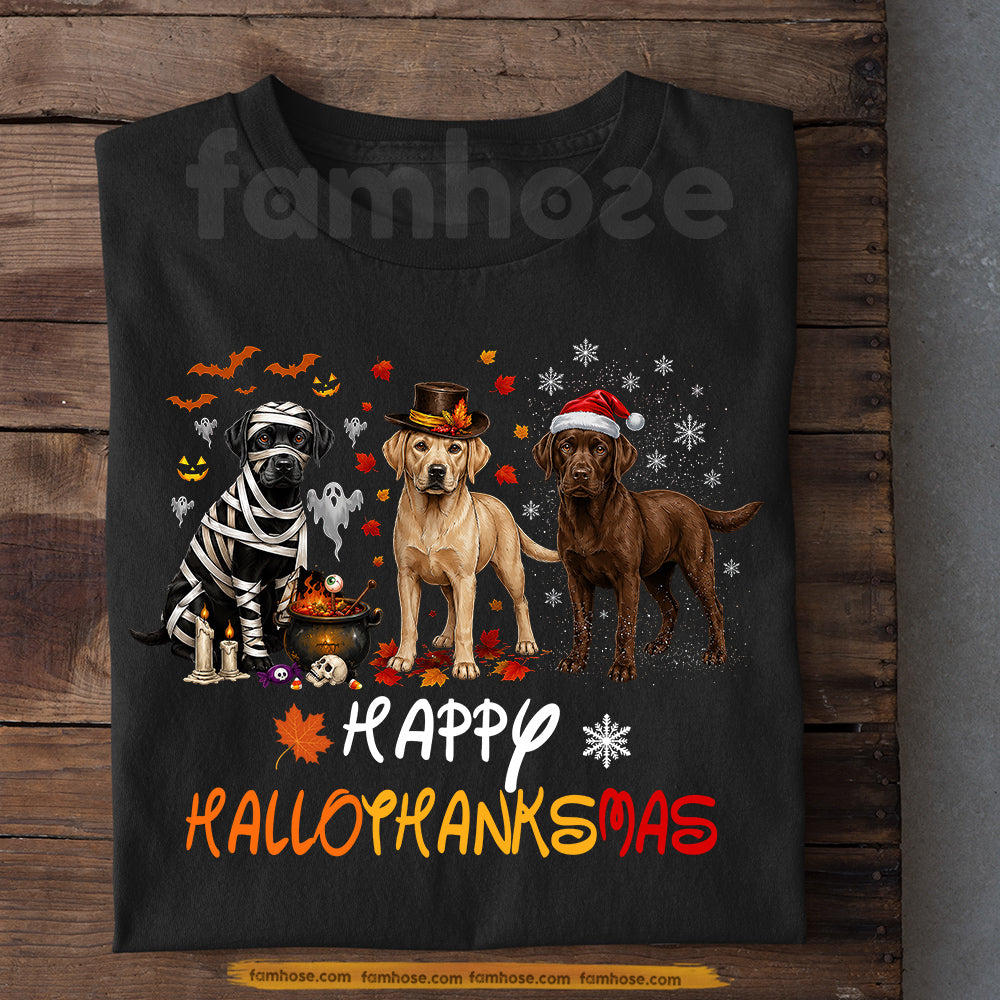Halloween Thanksgiving Christmas Labrador Dog T-shirt, Happy Hallothanksmas Tees Spooky Season Gift For Dog Lover