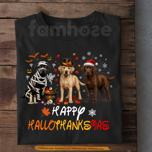 Halloween Thanksgiving Christmas Labrador Dog T-shirt, Happy Hallothanksmas Tees Spooky Season Gift For Dog Lover