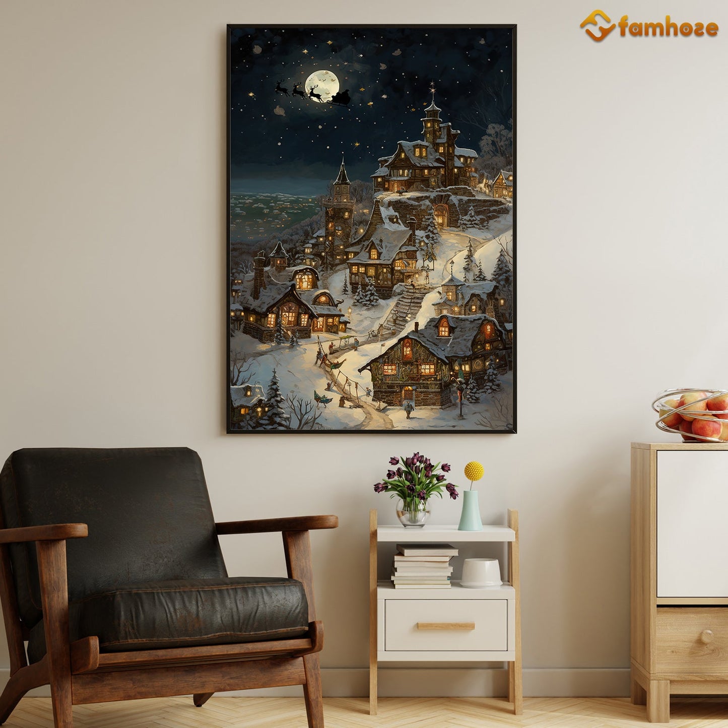 Enchanted Eve: A Midnight Village Christmas Christmas Canvas Painting, Xmas Wall Art Decor - Christmas Poster Gift
