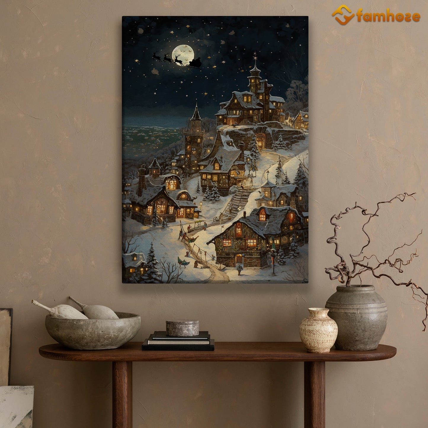 Enchanted Eve: A Midnight Village Christmas Christmas Canvas Painting, Xmas Wall Art Decor - Christmas Poster Gift