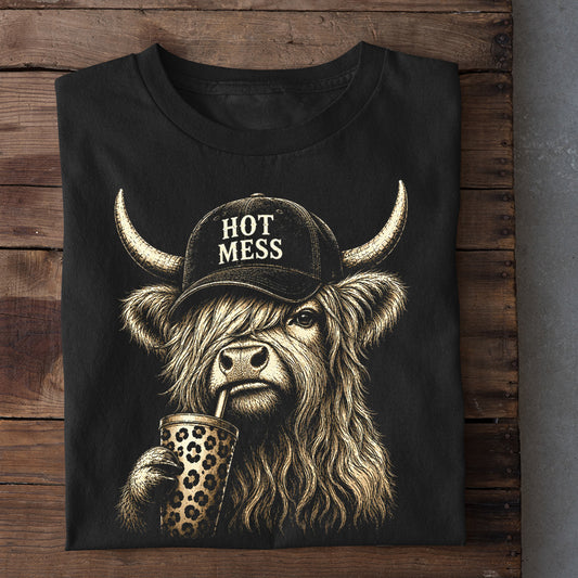 Funny Highland Cow T-Shirt, Hot Mess Tees Cute Gift For Coffee Lover, Highland Cow Lover