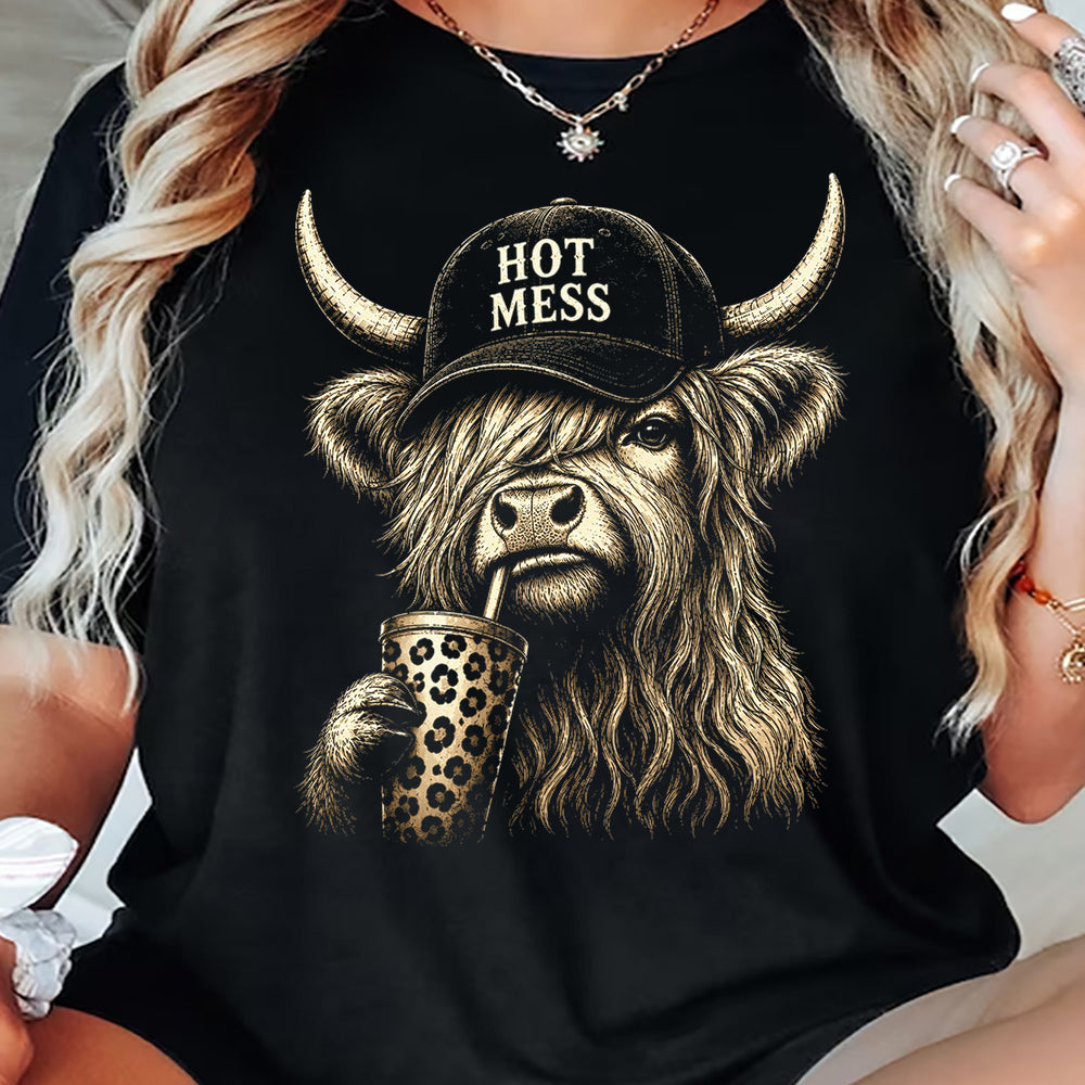 Funny Highland Cow T-Shirt, Hot Mess Tees Cute Gift For Coffee Lover, Highland Cow Lover