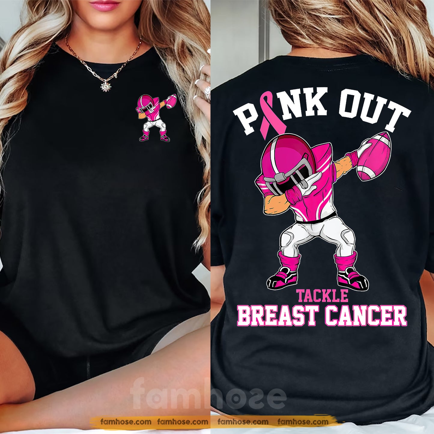Pink Football Breast Cancer Awareness Two-sided T-shirt, Pink Out Tackle Breast Cancer, Pink Ribbon Tees Gift For Football Lover