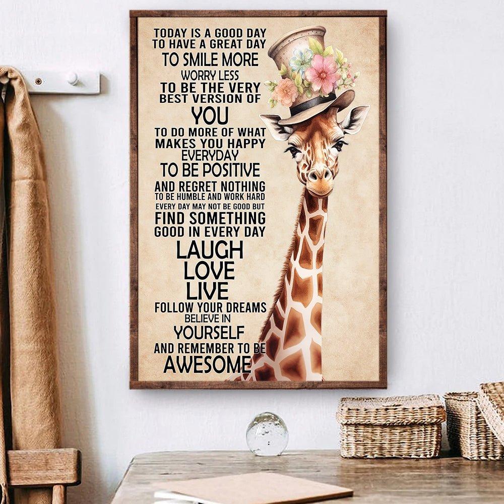 Today Is A Good Day Laugh Love Live, Motivational Canvas Painting, Inspirational Quotes Wall Art Decor, Poster Git For Giraffe Lovers