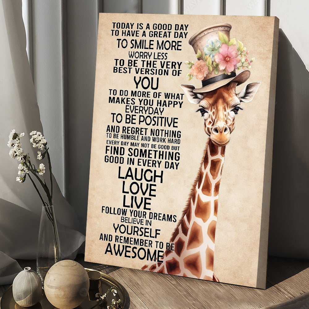 Today Is A Good Day Laugh Love Live, Motivational Canvas Painting, Inspirational Quotes Wall Art Decor, Poster Git For Giraffe Lovers