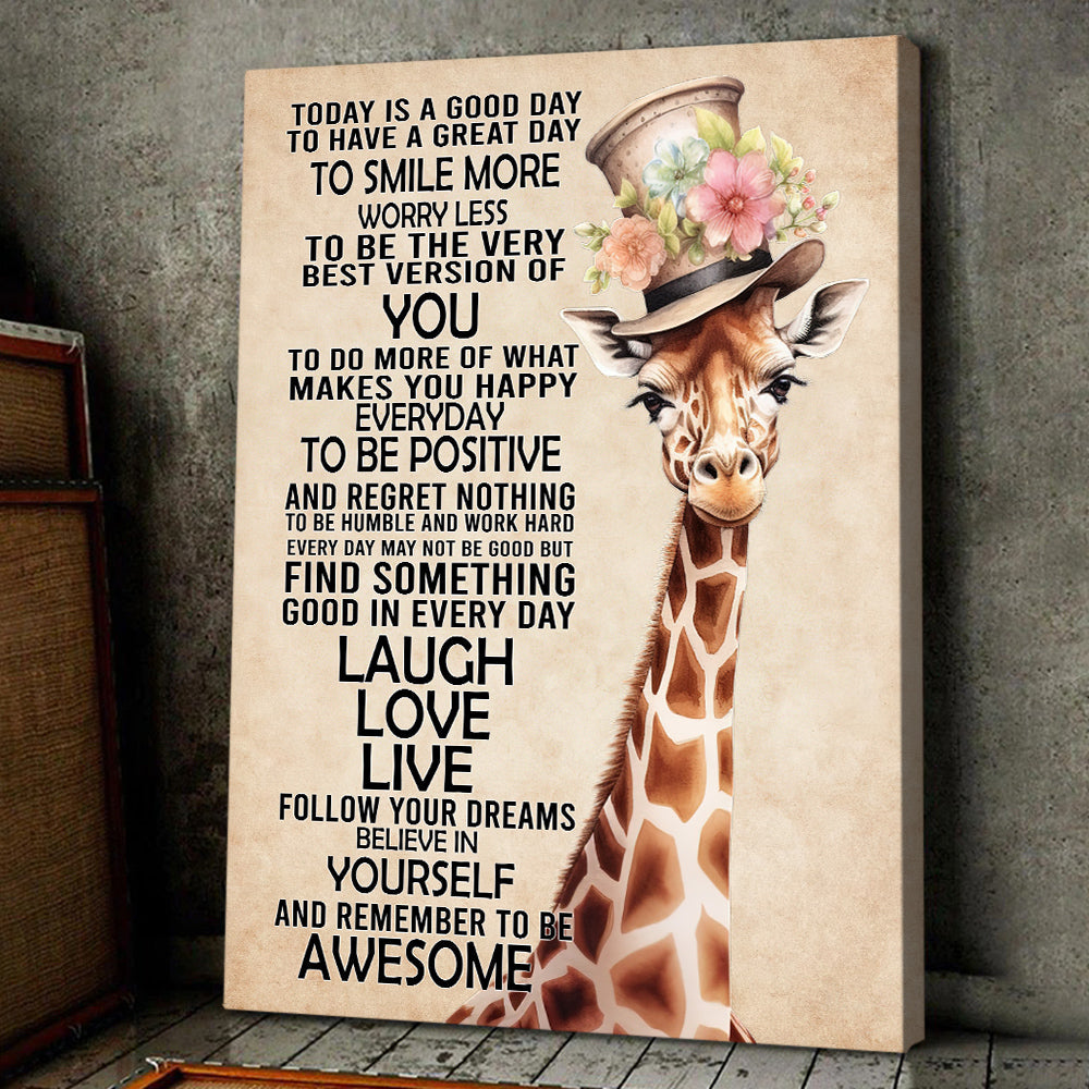 Today Is A Good Day Laugh Love Live, Motivational Canvas Painting, Inspirational Quotes Wall Art Decor, Poster Git For Giraffe Lovers