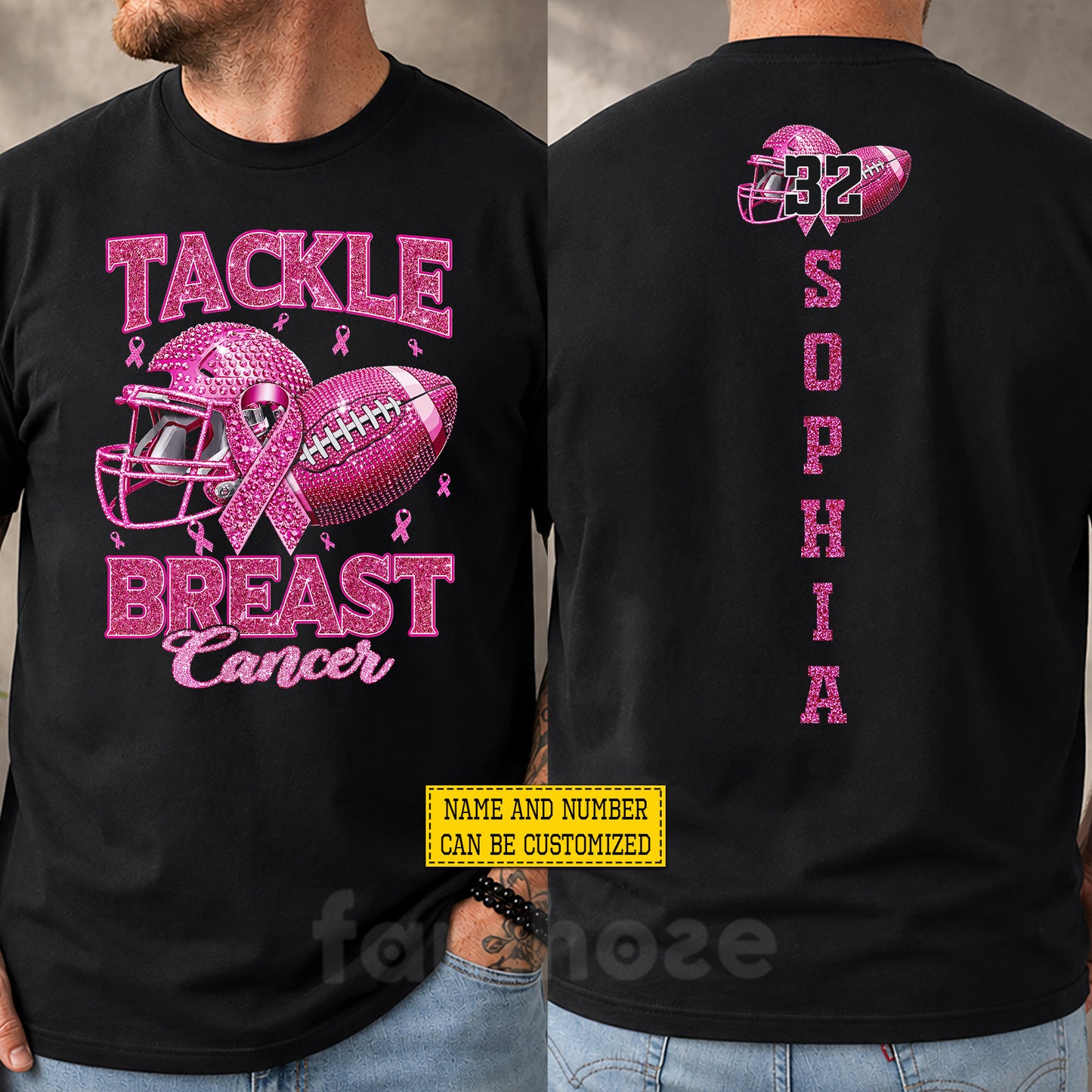Personalized Football Breast Cancer Awareness Two-sided T-shirt, Tackle Breast Cancer Pink Ribbon Tees Gift For Football Lover