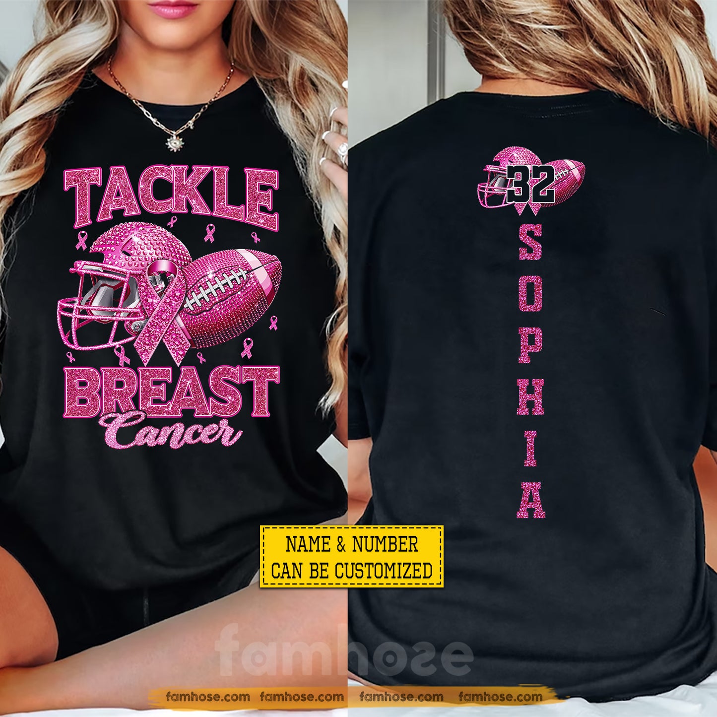 Personalized Football Breast Cancer Awareness Two-sided T-shirt, Tackle Breast Cancer Pink Ribbon Tees Gift For Football Lover