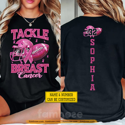 Personalized Football Breast Cancer Awareness Two-sided T-shirt, Tackle Breast Cancer Pink Ribbon Tees Gift For Football Lover