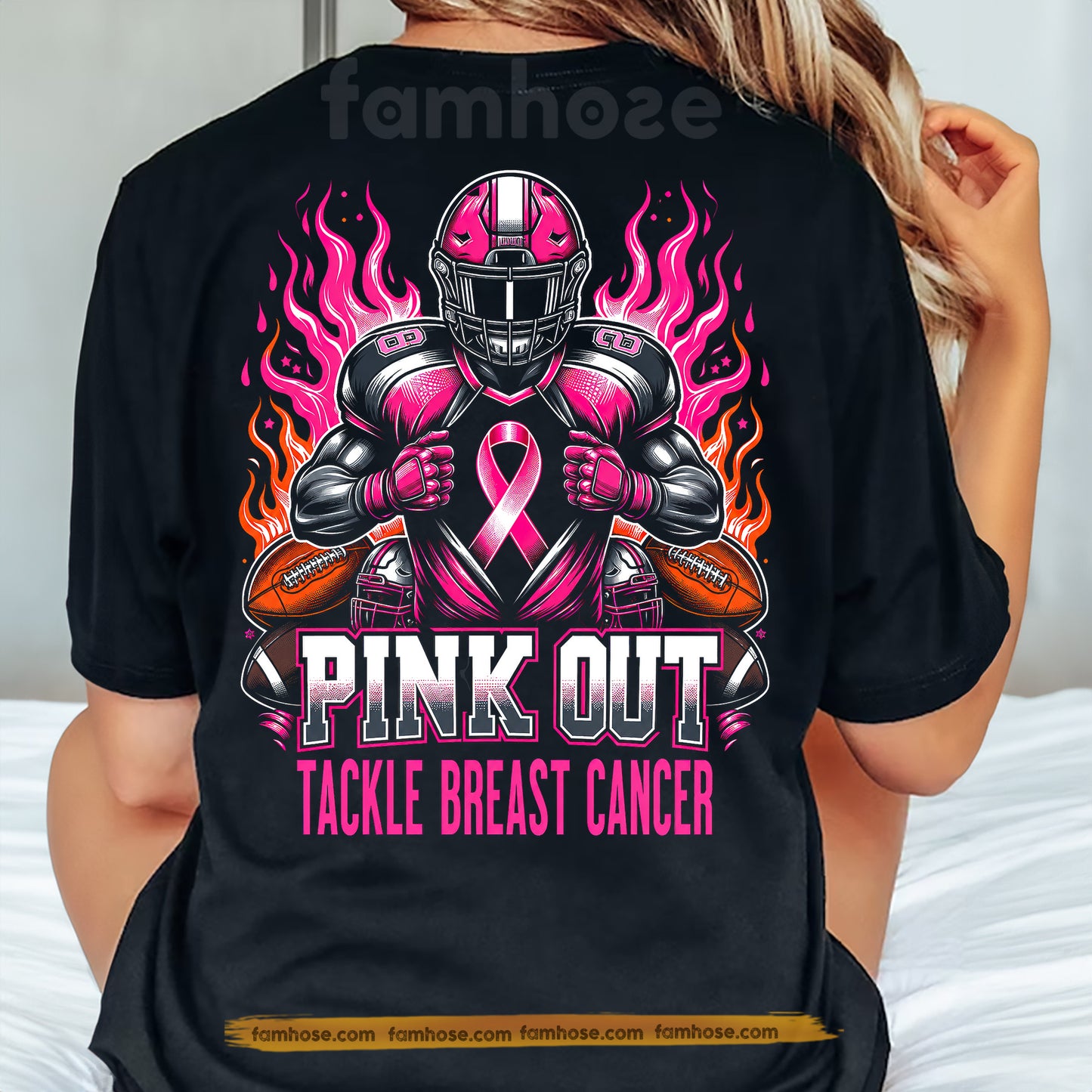 Pink Football Breast Cancer Awareness Backside T-shirt, Pink Out Tackle Breast Cancer, Pink Ribbon Tees Gift For Football Lover