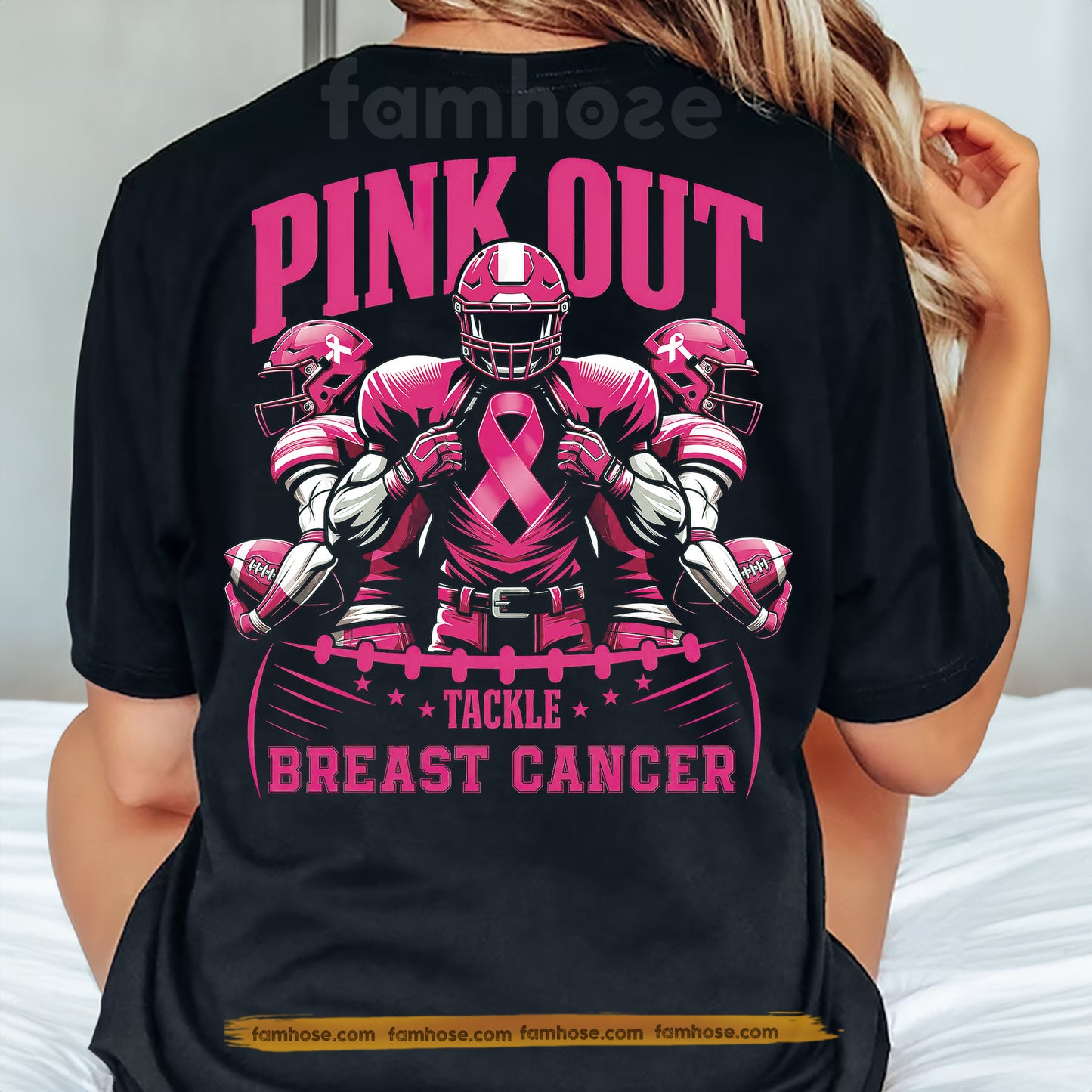 Pink Football Breast Cancer Awareness Backside T-shirt, Pink Out Tackle Breast Cancer, Pink Ribbon Tees Gift For Football Lover