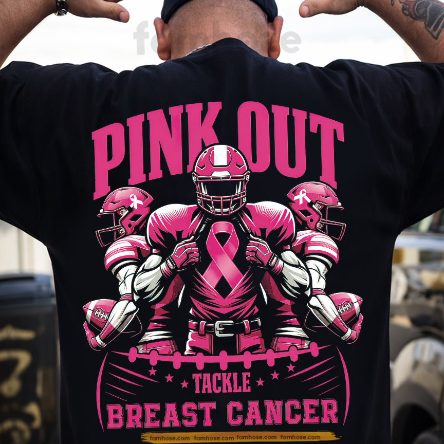 Pink Football Breast Cancer Awareness Backside T-shirt, Pink Out Tackle Breast Cancer, Pink Ribbon Tees Gift For Football Lover