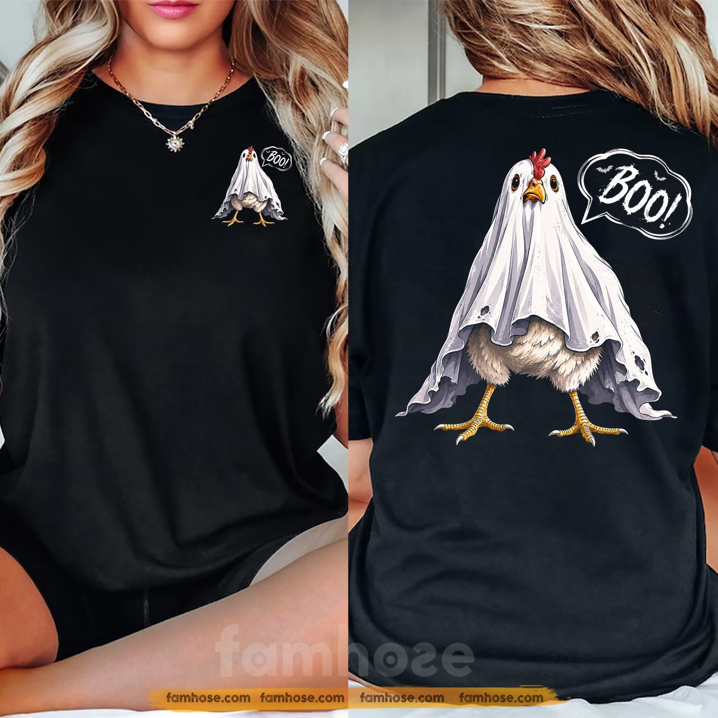 Funny Halloween Chicken Two-sided T-shirt, Ghost Chicken Boo Tees Spooky Season Gift For Chicken Lover