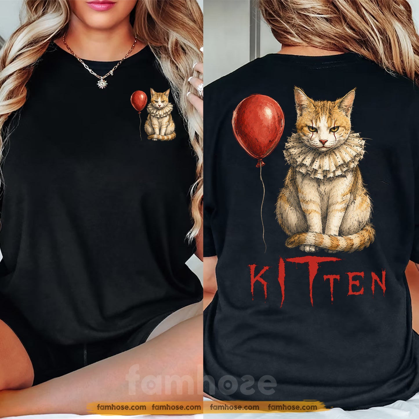 Funny Halloween Clown Cat Two-sided T-shirt, Kitten Tees Spooky Season Gift For Cat Lover