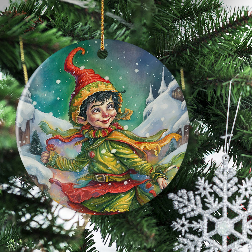 Merry Winter Elf, Elf Circle Ceramic Ornament Christmas Gift