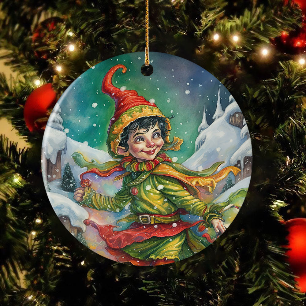 Merry Winter Elf, Elf Circle Ceramic Ornament Christmas Gift