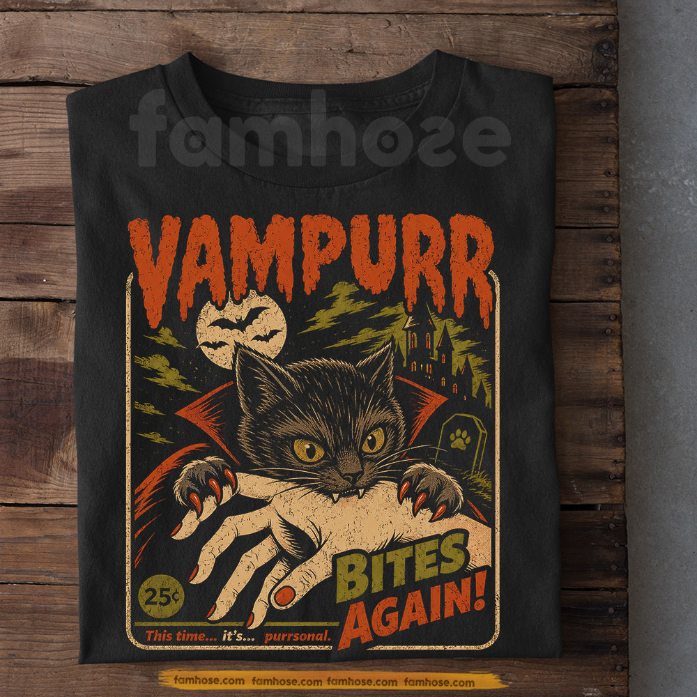 Funny Halloween Vampire Cat T-Shirt, Vampurr Bites Again Tees Spooky Season Gift For Cat Lover
