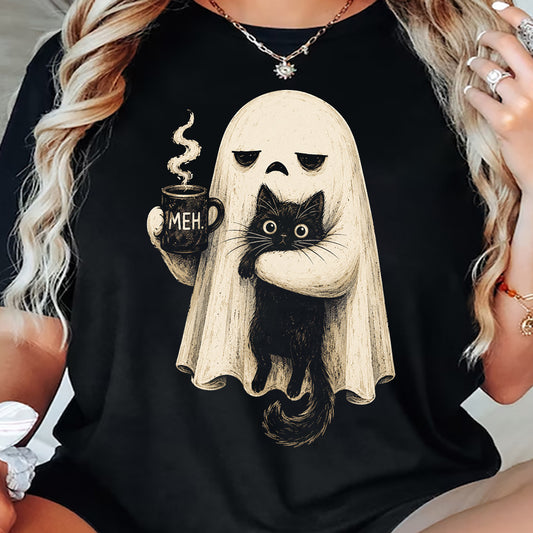 Cute Halloween Ghost Black Cat T-Shirt, Funny Coffee Ghost Tees Spooky Season Gift For Boo & Cat Lover