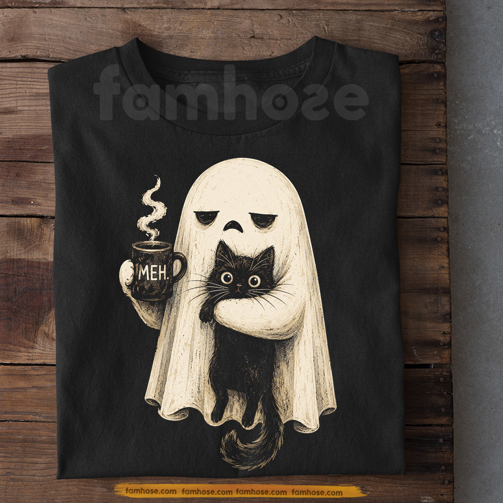 Cute Halloween Ghost Black Cat T-Shirt, Funny Coffee Ghost Tees Spooky Season Gift For Boo & Cat Lover