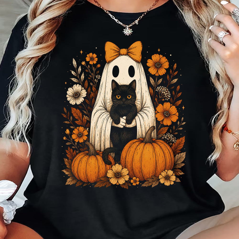 Cute Halloween Ghost Black Cat T-Shirt, Coquette Bow Ghost Tees Spooky Season Gift For Cat & Ghost Lover