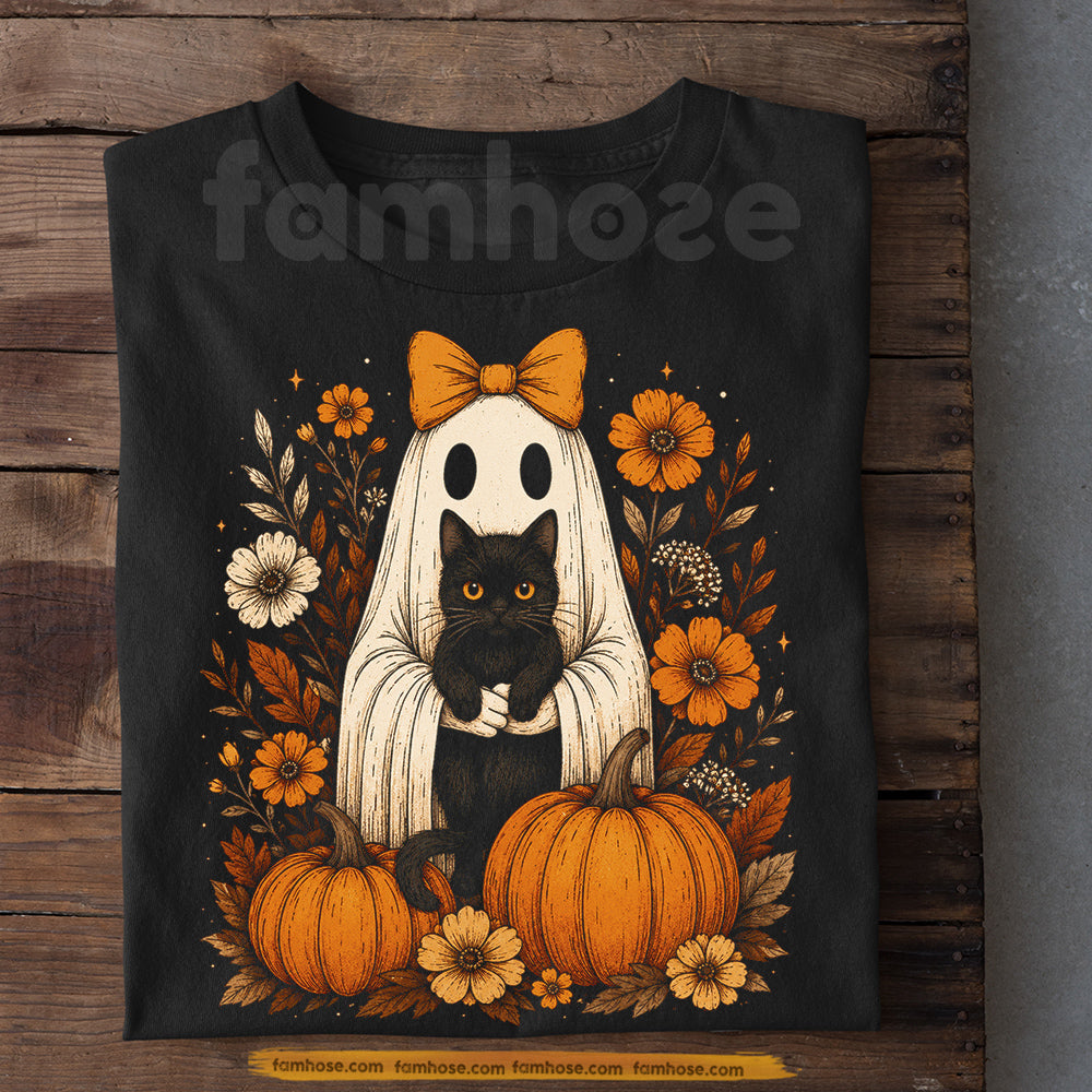Cute Halloween Ghost Black Cat T-Shirt, Coquette Bow Ghost Tees Spooky Season Gift For Cat & Ghost Lover