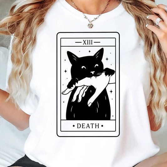 Cute Halloween Black Cat T-shirt, Death Tarot Witchy Cat Tees Spooky Season Gift For Cat Lover