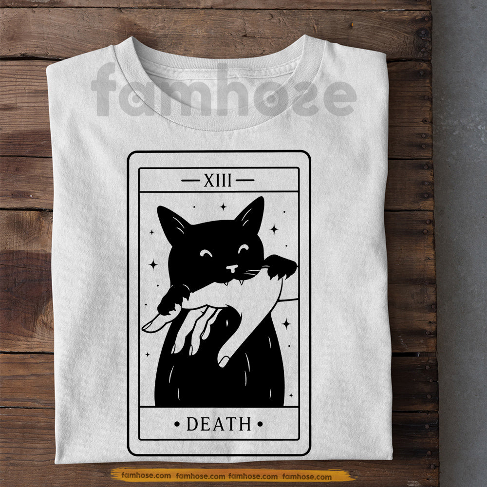 Cute Halloween Black Cat T-shirt, Death Tarot Witchy Cat Tees Spooky Season Gift For Cat Lover