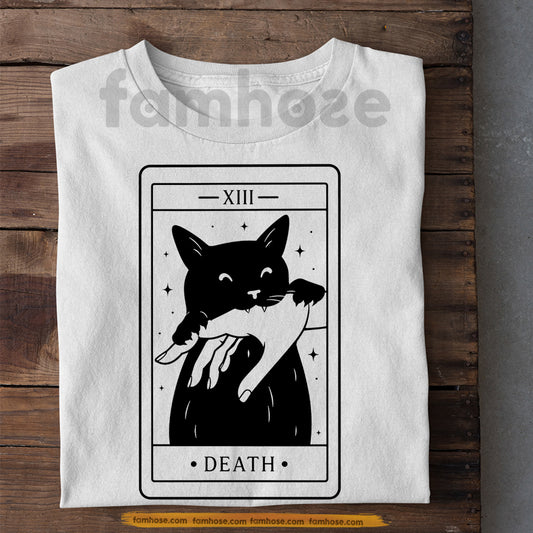 Cute Halloween Black Cat T-shirt, Death Tarot Witchy Cat Tees Spooky Season Gift For Cat Lover