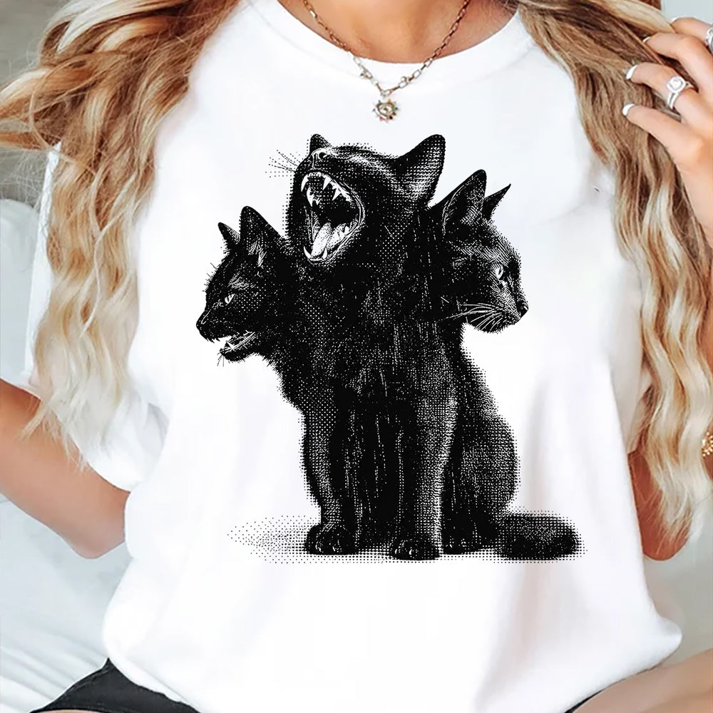 Gothic Halloween Black Cat T-shirt, Three Headed Black Cat Tees Spooky Season Gift For Cat Lover