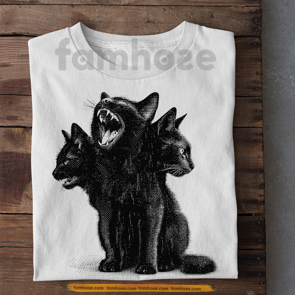 Gothic Halloween Black Cat T-shirt, Three Headed Black Cat Tees Spooky Season Gift For Cat Lover