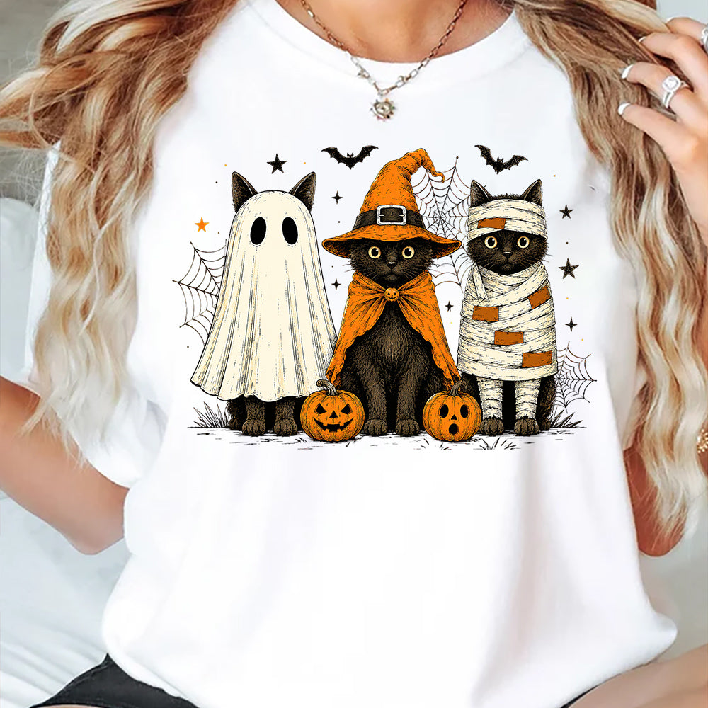 Cute Halloween Cat T-shirt, Black Cat Ghost Witch Mummy Tees Spooky Season Gift For Cat Lover