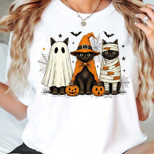 Cute Halloween Cat T-shirt, Black Cat Ghost Witch Mummy Tees Spooky Season Gift For Cat Lover