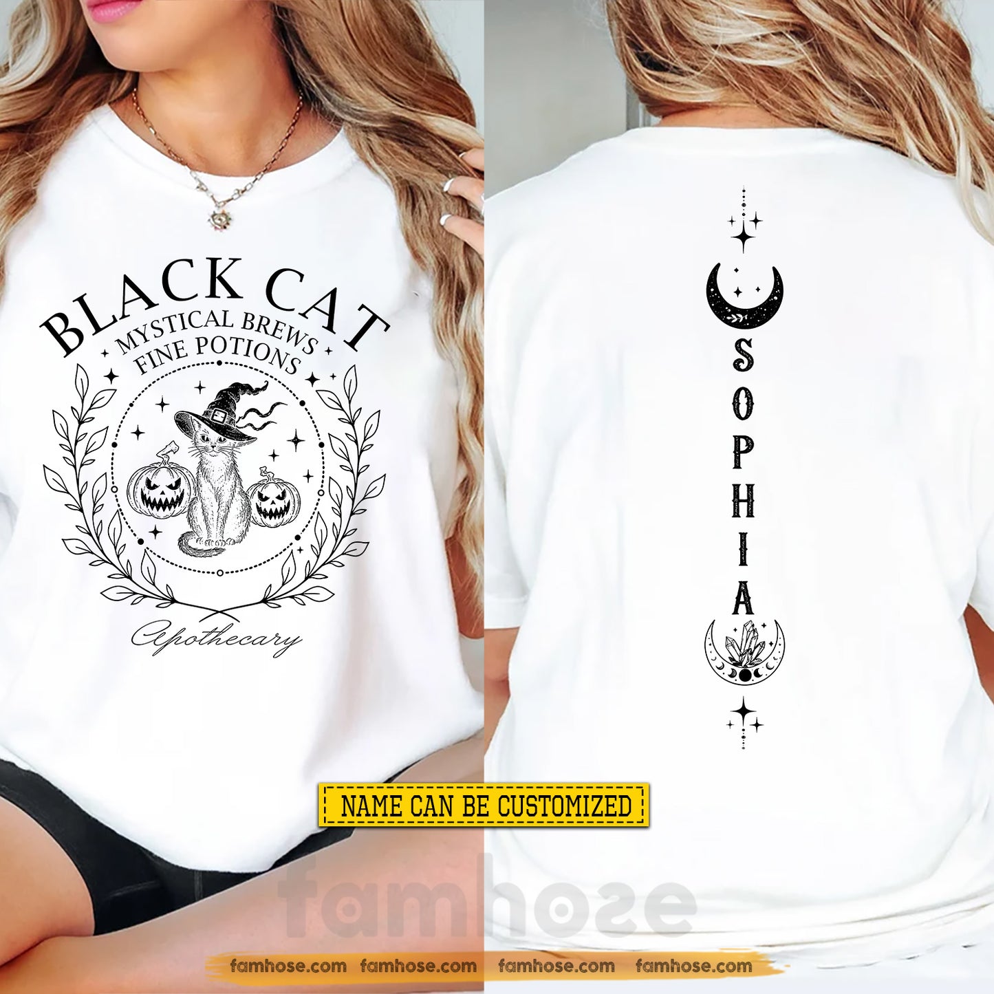 Personalized Halloween Black Cat Apothecary Two-sided T-shirt, Mystical Brews Fine Potions Tees Spooky Season Gift For Cat Lover