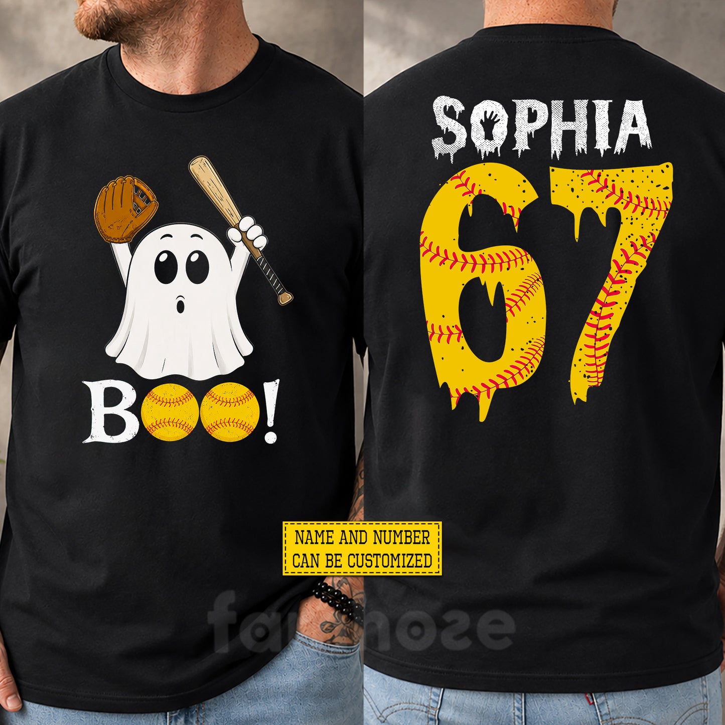 Personalized Halloween Softball Ghost Two-sided T-shirt, Boo At The Ballpark Tees Spooky Season Gift For Softball Lover