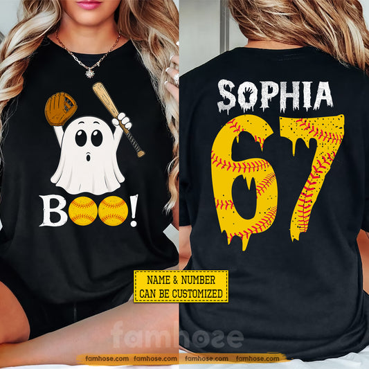 Personalized Halloween Softball Ghost Two-sided T-shirt, Boo At The Ballpark Tees Spooky Season Gift For Softball Lover