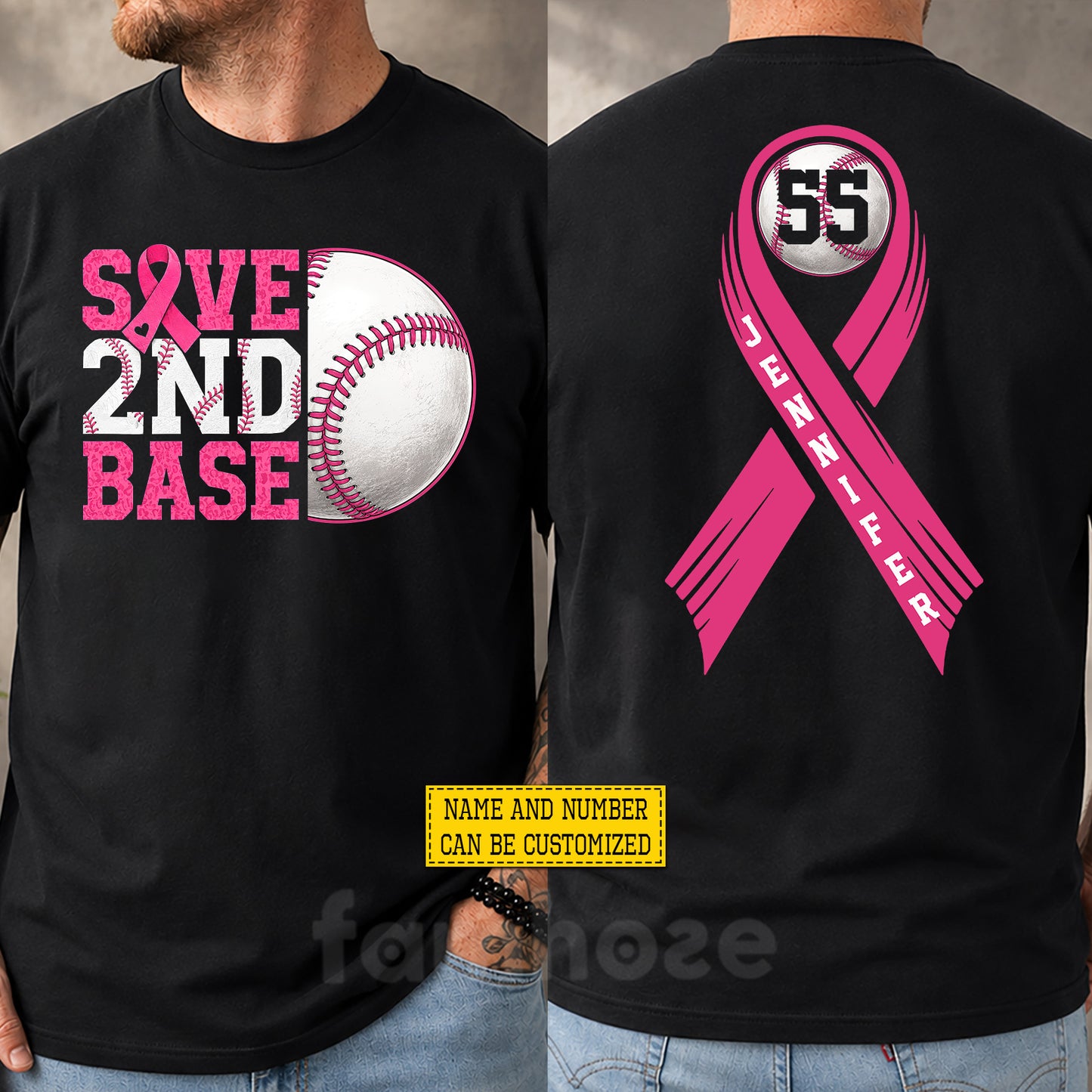 Personalized Baseball Breast Cancer Awareness Two-sided T-shirt, Save 2nd Base Pink Ribbon Tees Gift For Baseball Lover