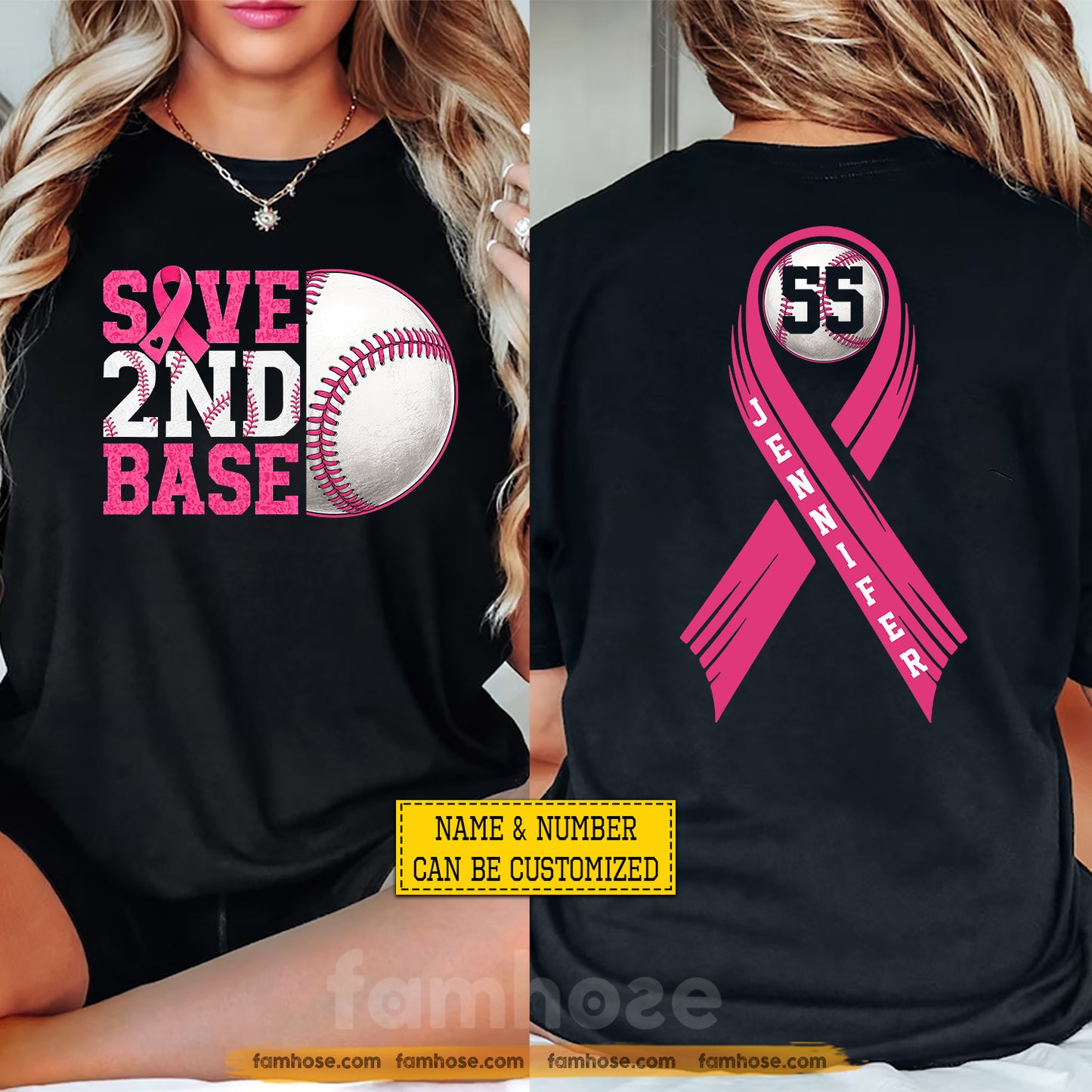 Personalized Baseball Breast Cancer Awareness Two-sided T-shirt, Save 2nd Base Pink Ribbon Tees Gift For Baseball Lover