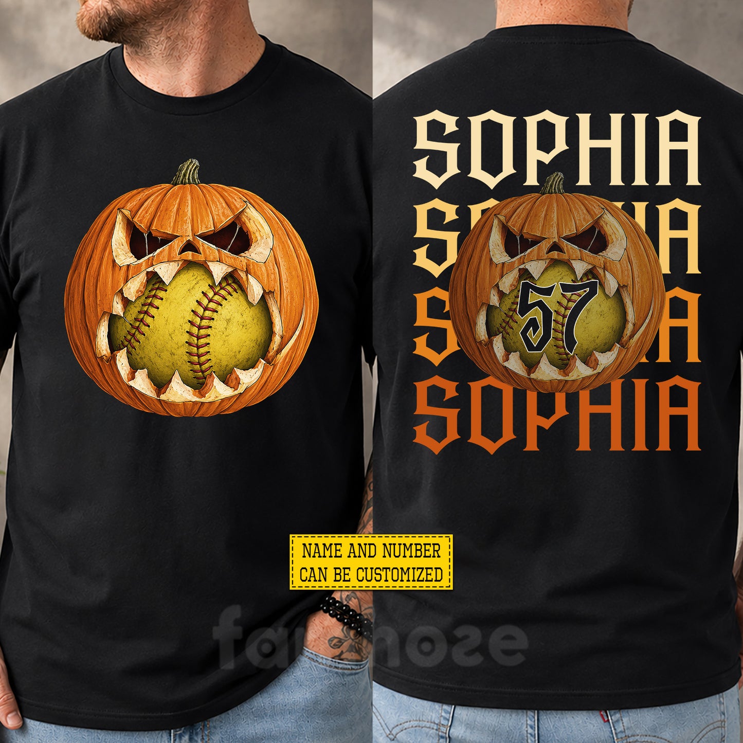 Personalized Halloween Softball Two-sided T-shirt, Softball With A Bite Tees Spooky Season Gift For Softball Lover