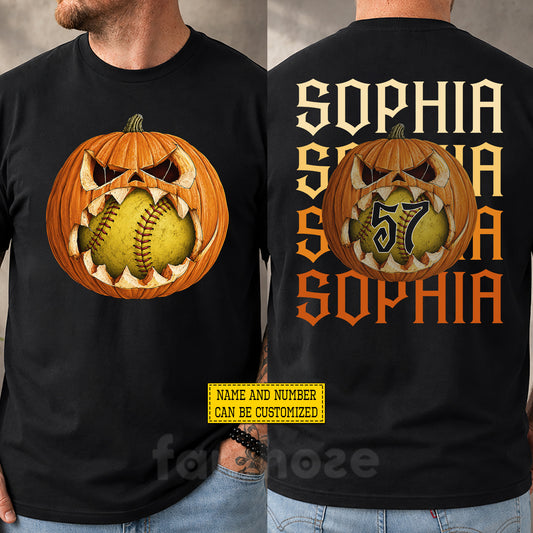 Personalized Halloween Softball Two-sided T-shirt, Softball With A Bite Tees Spooky Season Gift For Softball Lover