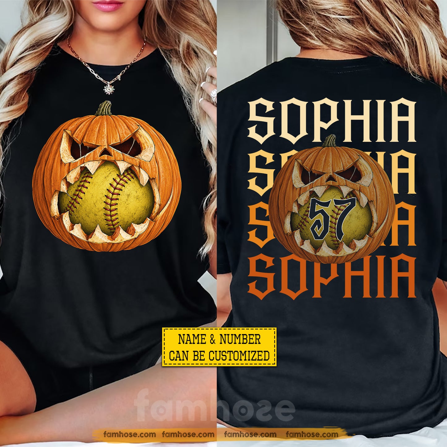 Personalized Halloween Softball Two-sided T-shirt, Softball With A Bite Tees Spooky Season Gift For Softball Lover