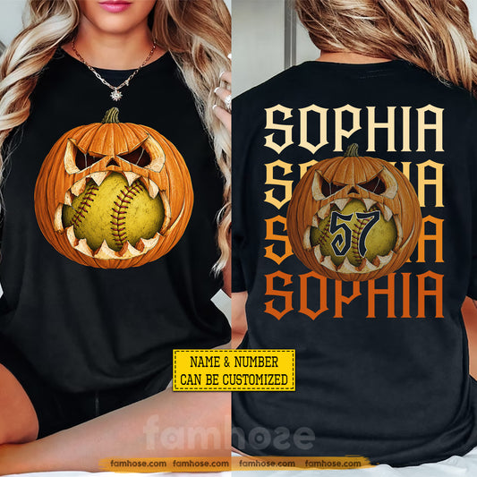 Personalized Halloween Softball Two-sided T-shirt, Softball With A Bite Tees Spooky Season Gift For Softball Lover