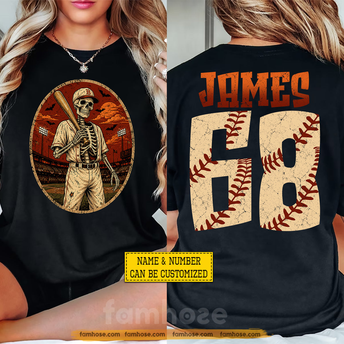 Personalized Halloween Baseball Skeleton Two-sided T-shirt, Baseball Never Dies Tees Spooky Season Gift For Baseball Lover