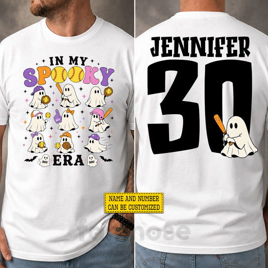 Personalized Halloween Softball Boo Two-sided T-shirt, In My Spooky Era Tees Spooky Season Gift For Softball Lover