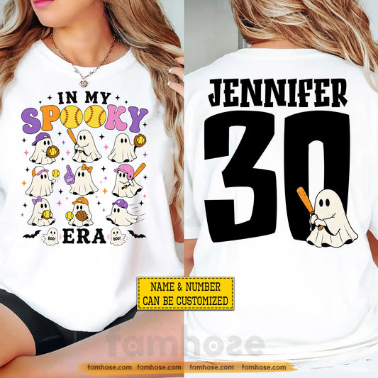 Personalized Halloween Softball Boo Two-sided T-shirt, In My Spooky Era Tees Spooky Season Gift For Softball Lover