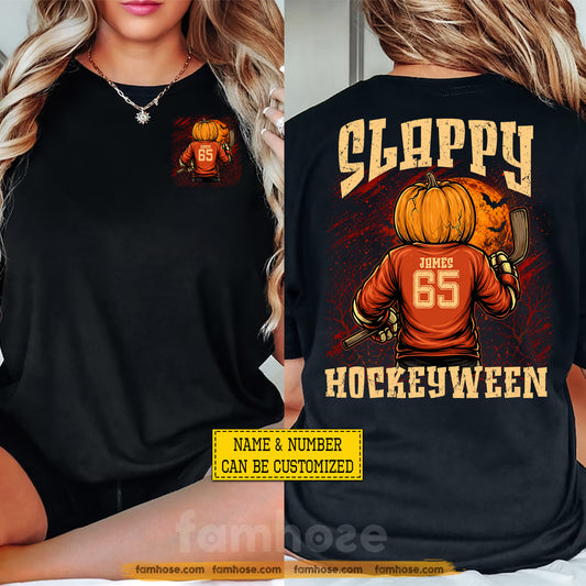 Personalized Halloween Hockey Two-sided T-shirt, Slappy Hockeyween Tees Spooky Season Gift For Hockey Lover