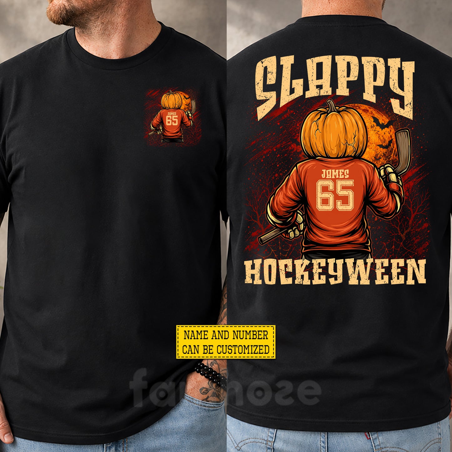 Personalized Halloween Hockey Two-sided T-shirt, Slappy Hockeyween Tees Spooky Season Gift For Hockey Lover