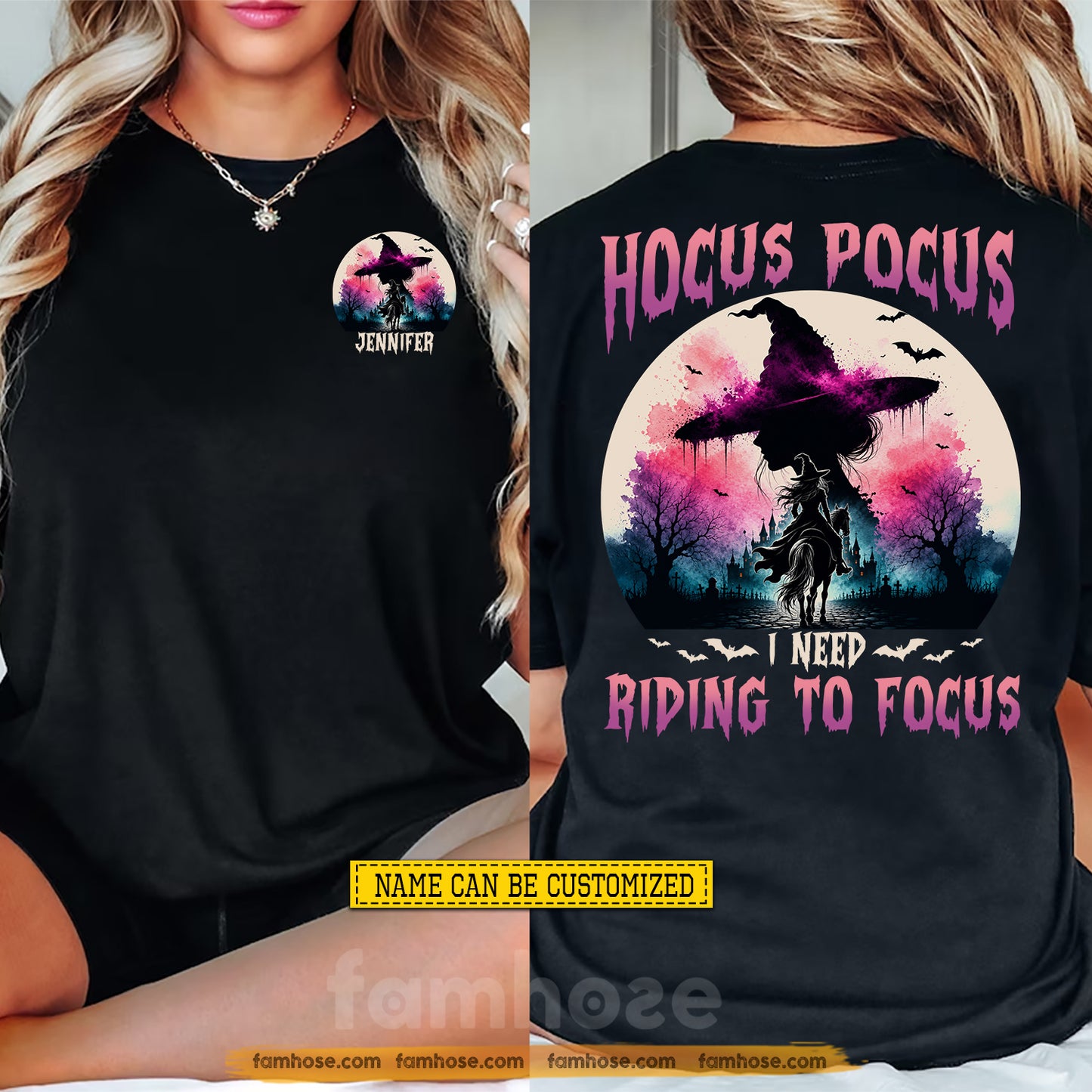 Personalized Halloween Witch Riding Horse Two-sided T-shirt, Hocus Pocus Tees Spooky Season Gift For Horse Riding Lover