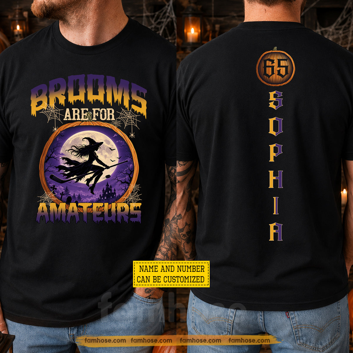 Funny Personalized Halloween Hockey Witch Two-sided T-shirt, Brooms Are For Amateurs Tees Spooky Season Gift For Hockey Lover