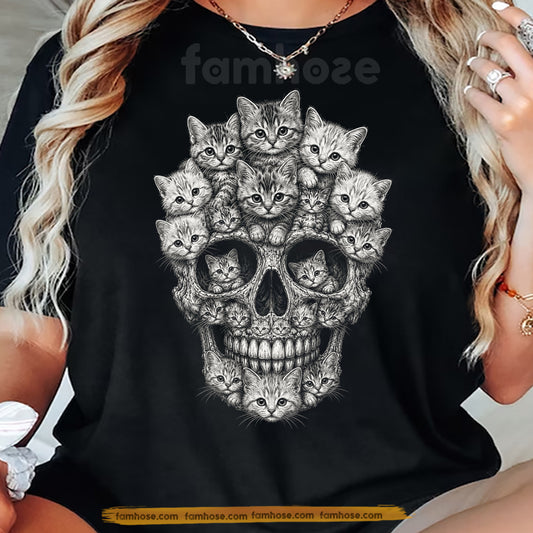 Cute Halloween Cat Skull T-Shirt, Kitten Skull Gothic Tees Spooky Season Gift For Cat Lover